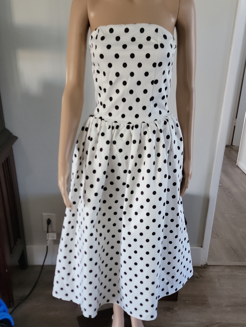 Strapless White Midi Dress with Black Polka Dots